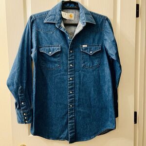 VTG Carhartt Western Pearl Snap Blue Men 16 / 35 Shirt Denim 1986 USA Made SU008